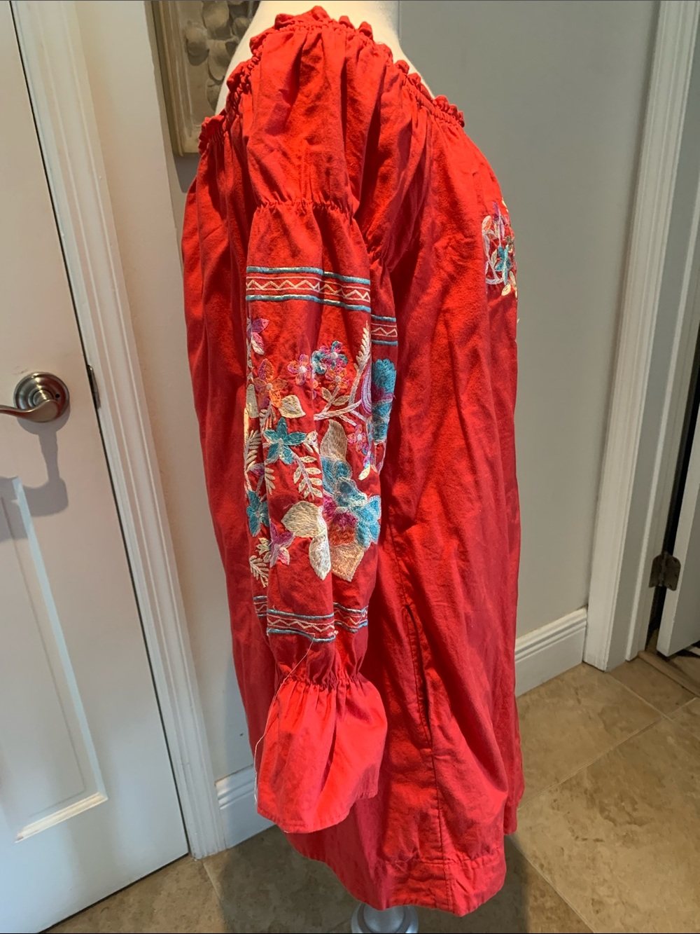 Free People Red Off-Shoulder Embroidered Tunic - Picture 4 of 6